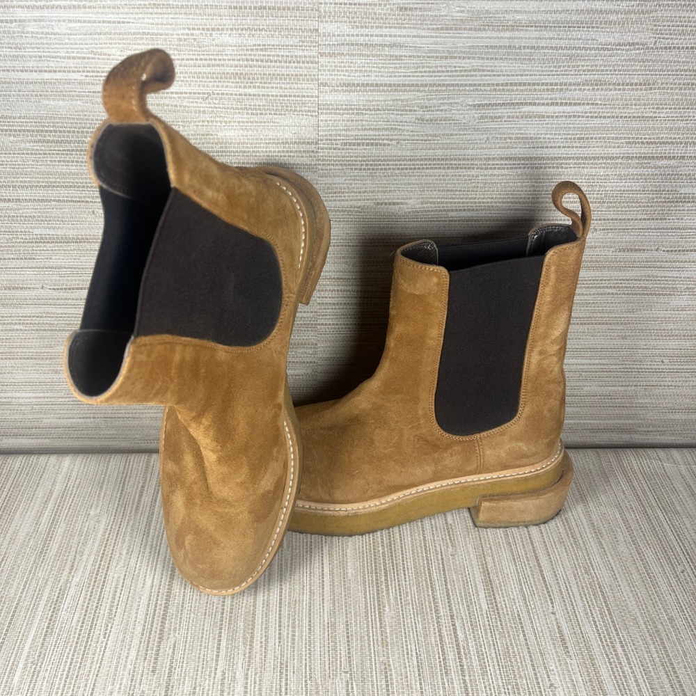 FRAME Suede Chelsea Boots Tan Brown Elastic Side Block Heel Women's 38.5 Boho